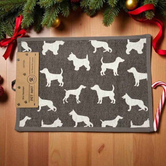 Dog Pet Feeding Mat 13x19" Non Slip Cotton Food Water Bowl Placemat Gray White - Picture 1 of 8